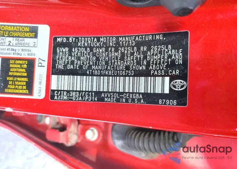 2014 Toyota Camry Hybrid from USA, damaged, VIN 4T1BD1FK8EU106753